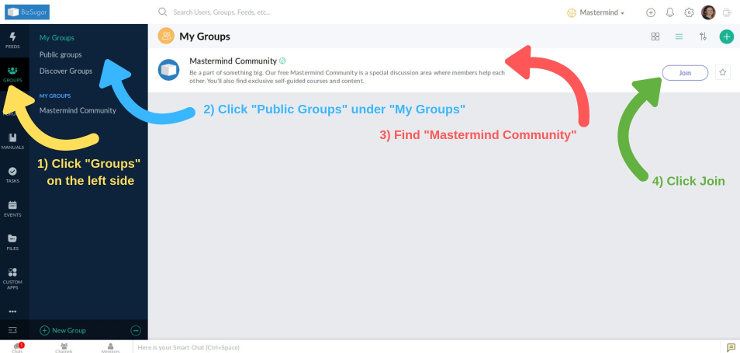 Join the Mastermind Community under Public Groups